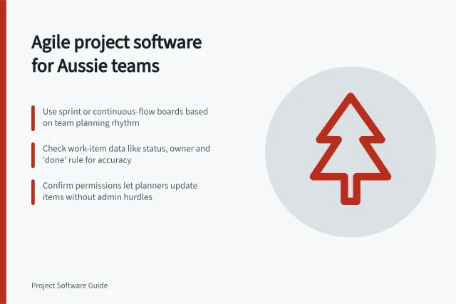Agile project software for Aussie teams: Use sprint or continuous-flow boards based on team planning rhythm; Check work-item data like status, owner and 'done' rule for accuracy; Confirm permissions let planners update items without admin hurdles. Agile project software