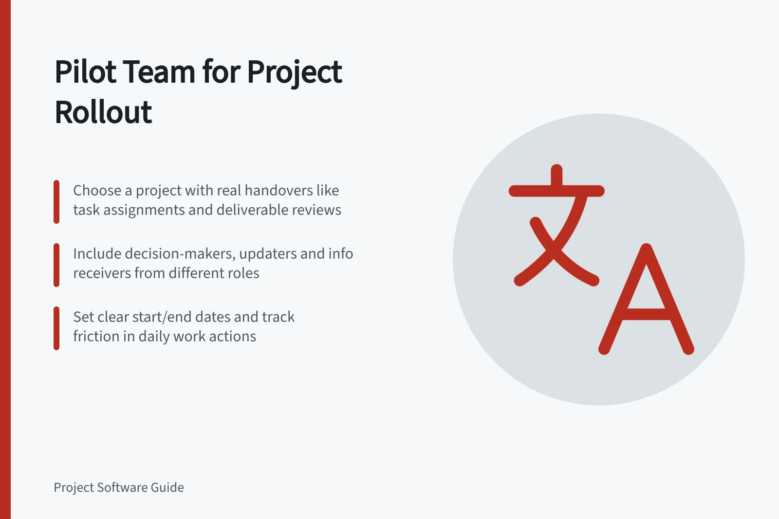 Pilot Team for Project Rollout: Choose a project with real handovers like task assignments and deliverable reviews; Include decision-makers, updaters and info receivers from different roles; Set clear start/end dates and track friction in daily work actions