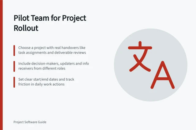 Pilot Team for Project Rollout: Choose a project with real handovers like task assignments and deliverable reviews; Include decision-makers, updaters and info receivers from different roles; Set clear start/end dates and track friction in daily work actions. Choosing a pilot team for a project management rollout