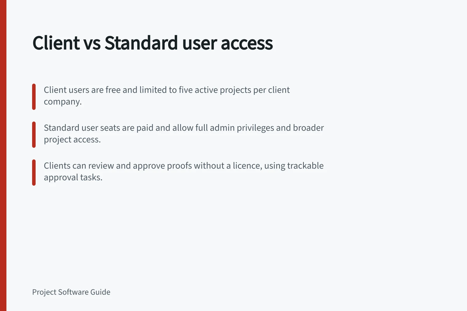 Client vs Standard user access: Client users are free and limited to five active projects per client company.; Standard user seats are paid and allow full admin privileges and broader project access.; Clients can review and approve proofs without a licence, using trackable approval tasks.