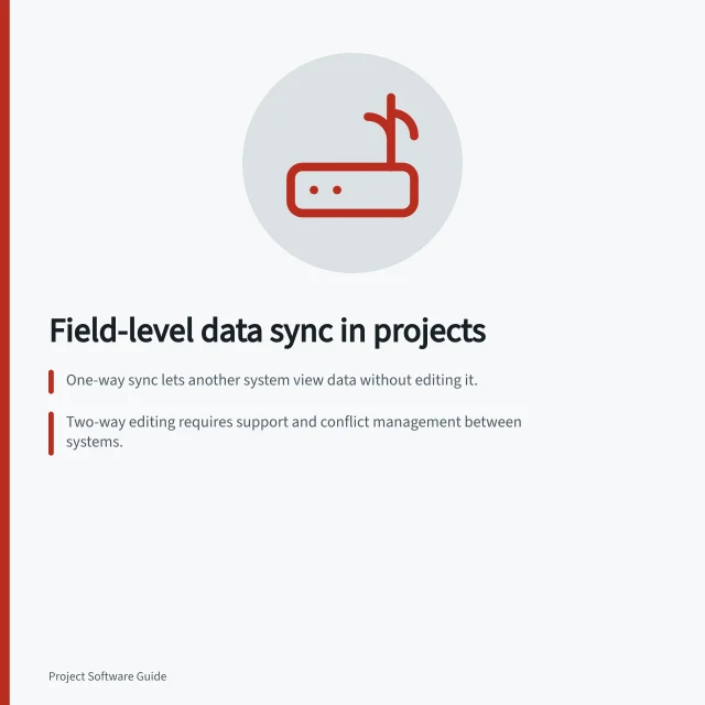 Field-level data sync in projects: One-way sync lets another system view data without editing it.; Two-way editing requires support and conflict management between systems.; Use one-way sync when the receiving system shouldn’t alter the value. One-way and two-way project data integrations by field