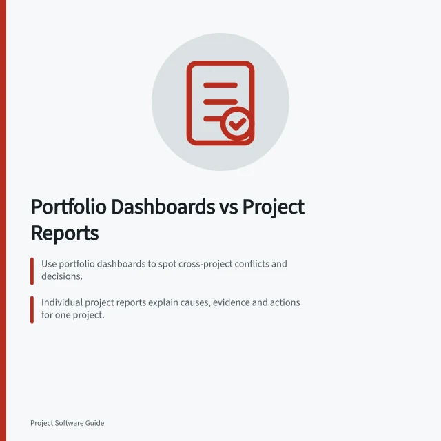 Portfolio Dashboards vs Project Reports: Use portfolio dashboards to spot cross-project conflicts and decisions.; Individual project reports explain causes, evidence and actions for one project.; Ensure clear definitions, reporting dates and access to traceable records. Comparing portfolio dashboards with individual project reports