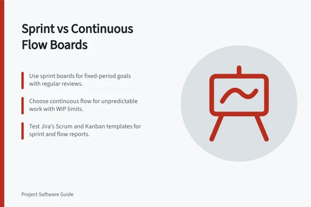 Sprint vs Continuous Flow Boards: Use sprint boards for fixed-period goals with regular reviews.; Choose continuous flow for unpredictable work with WIP limits.; Test Jira’s Scrum and Kanban templates for sprint and flow reports. Comparing sprint boards with continuous-flow boards