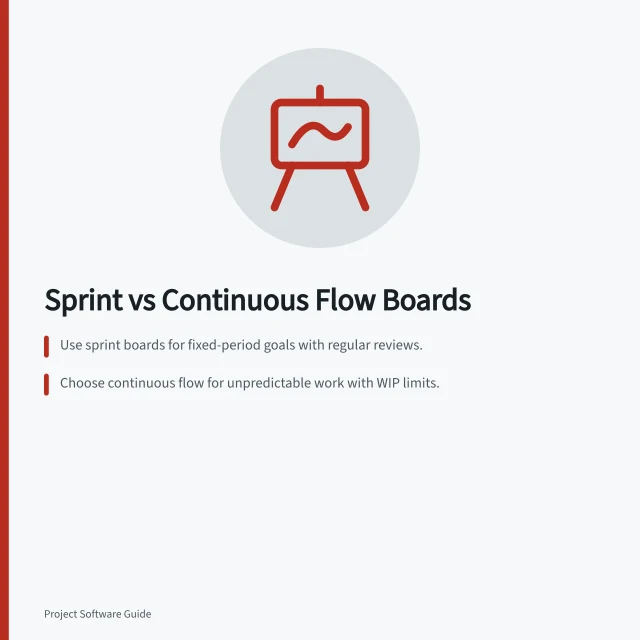 Sprint vs Continuous Flow Boards: Use sprint boards for fixed-period goals with regular reviews.; Choose continuous flow for unpredictable work with WIP limits.; Test Jira’s Scrum and Kanban templates for sprint and flow reports. Comparing sprint boards with continuous-flow boards