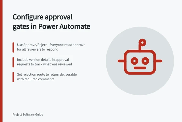 Configure approval gates in Power Automate: Use Approve/Reject - Everyone must approve for all reviewers to respond; Include version details in approval requests to track what was reviewed; Set rejection route to return deliverable with required comments. Configuring approval gates for project deliverables