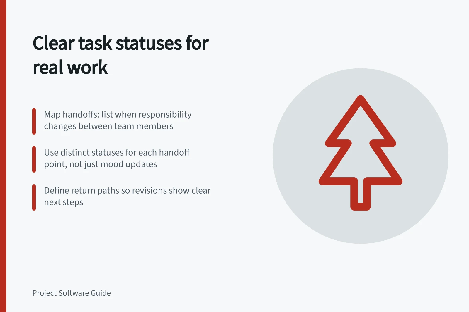 Clear task statuses for real work: Map handoffs: list when responsibility changes between team members; Use distinct statuses for each handoff point, not just mood updates; Define return paths so revisions show clear next steps