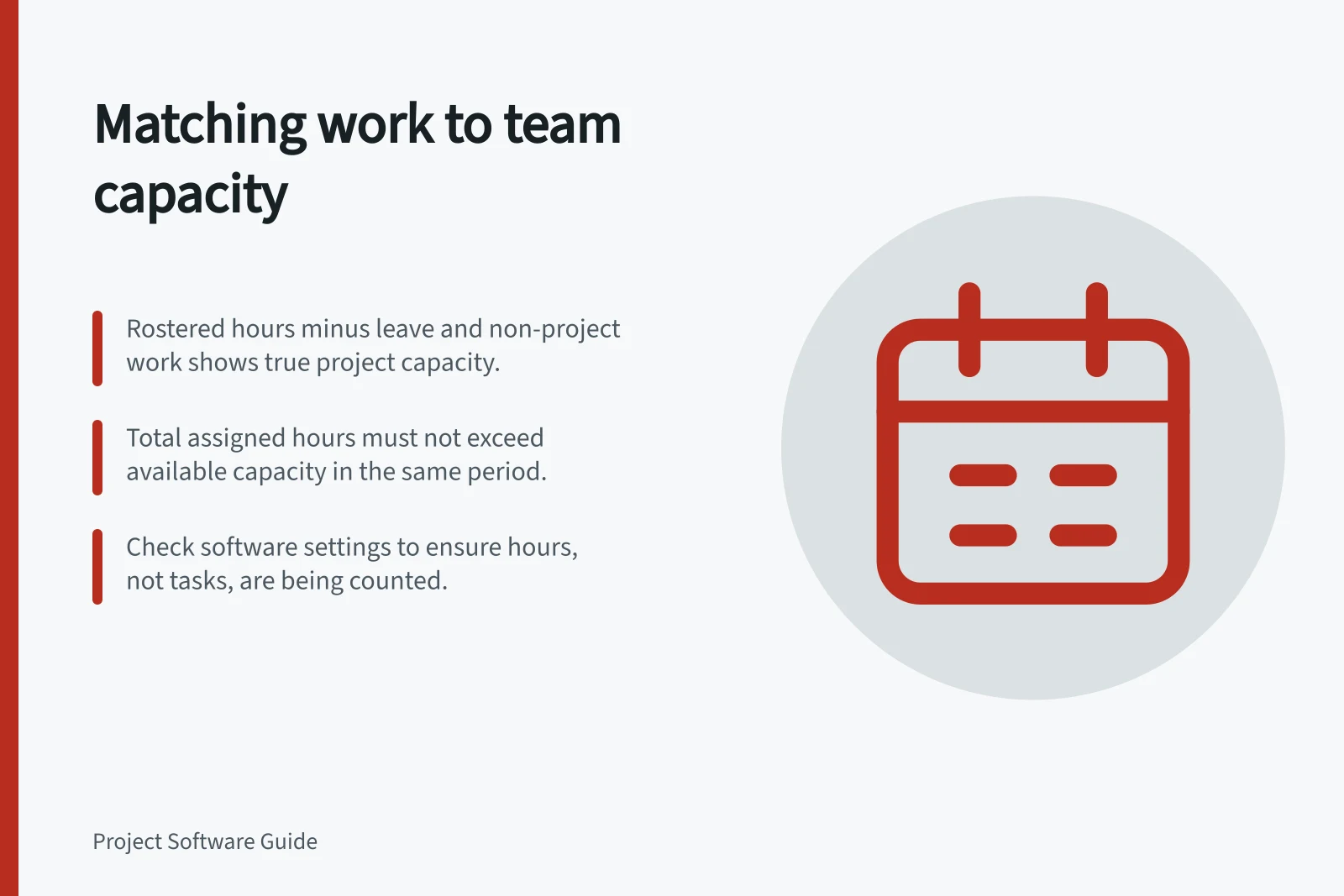 Matching work to team capacity: Rostered hours minus leave and non-project work shows true project capacity.; Total assigned hours must not exceed available capacity in the same period.; Check software settings to ensure hours, not tasks, are being counted.