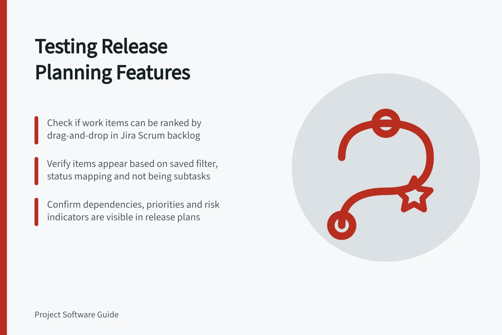 Testing Release Planning Features: Check if work items can be ranked by drag-and-drop in Jira Scrum backlog; Verify items appear based on saved filter, status mapping and not being subtasks; Confirm dependencies, priorities and risk indicators are visible in release plans