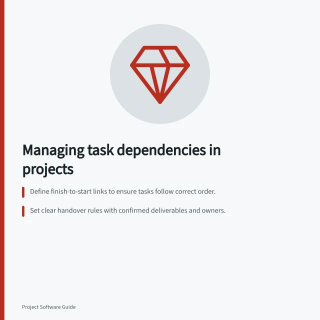 Managing task dependencies in projects: Define finish-to-start links to ensure tasks follow correct order.; Set clear handover rules with confirmed deliverables and owners.; Check software behaviour when predecessor dates change. Handling work that cannot start until another task finishes