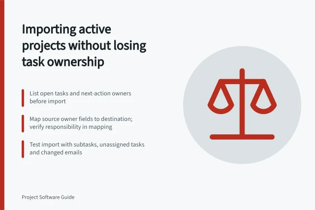 Importing active projects without losing task ownership: List open tasks and next-action owners before import; Map source owner fields to destination; verify responsibility in mapping; Test import with subtasks, unassigned tasks and changed emails. Importing active projects without losing task ownership
