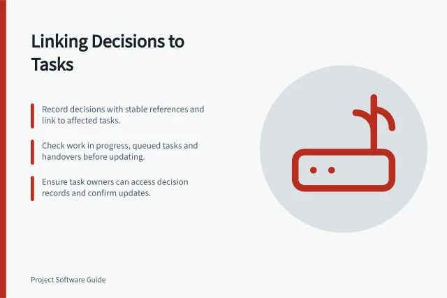 Linking Decisions to Tasks: Record decisions with stable references and link to affected tasks.; Check work in progress, queued tasks and handovers before updating.; Ensure task owners can access decision records and confirm updates. Linking project decisions to the affected tasks