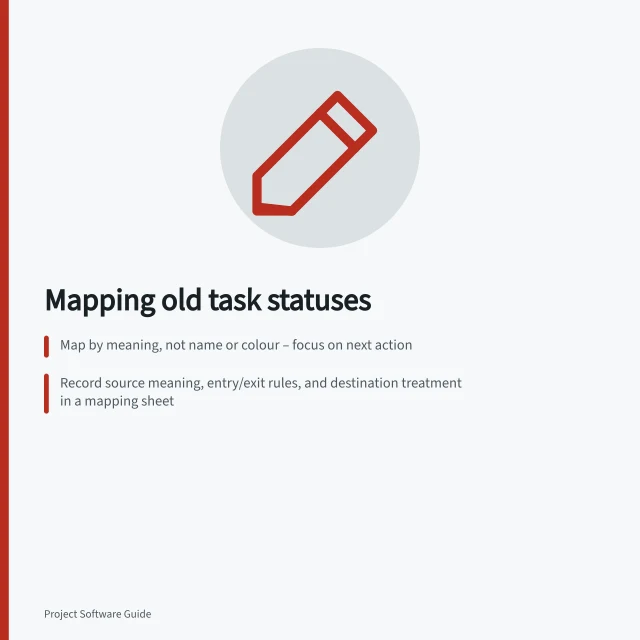 Mapping old task statuses: Map by meaning, not name or colour – focus on next action; Record source meaning, entry/exit rules, and destination treatment in a mapping sheet; Check queues post-import to ensure tasks appear in correct filters and reports. Mapping old task statuses into a new system