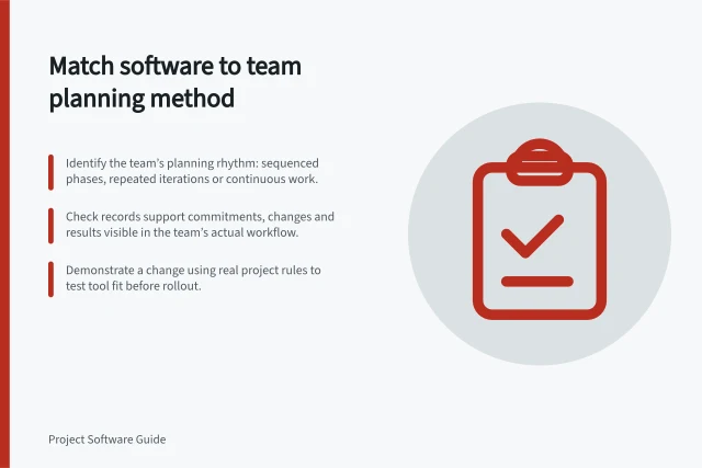 Match software to team planning method: Identify the team’s planning rhythm: sequenced phases, repeated iterations or continuous work.; Check records support commitments, changes and results visible in the team’s actual workflow.; Demonstrate a change using real project rules to test tool fit before rollout. Matching project software to a team's planning method