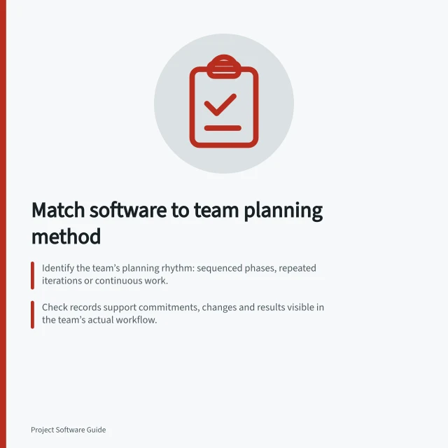 Match software to team planning method: Identify the team’s planning rhythm: sequenced phases, repeated iterations or continuous work.; Check records support commitments, changes and results visible in the team’s actual workflow.; Demonstrate a change using real project rules to test tool fit before rollout. Matching project software to a team's planning method