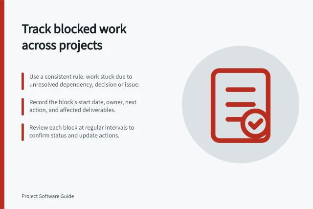 Track blocked work across projects: Use a consistent rule: work stuck due to unresolved dependency, decision or issue.; Record the block's start date, owner, next action, and affected deliverables.; Review each block at regular intervals to confirm status and update actions. Monitoring blocked work across projects