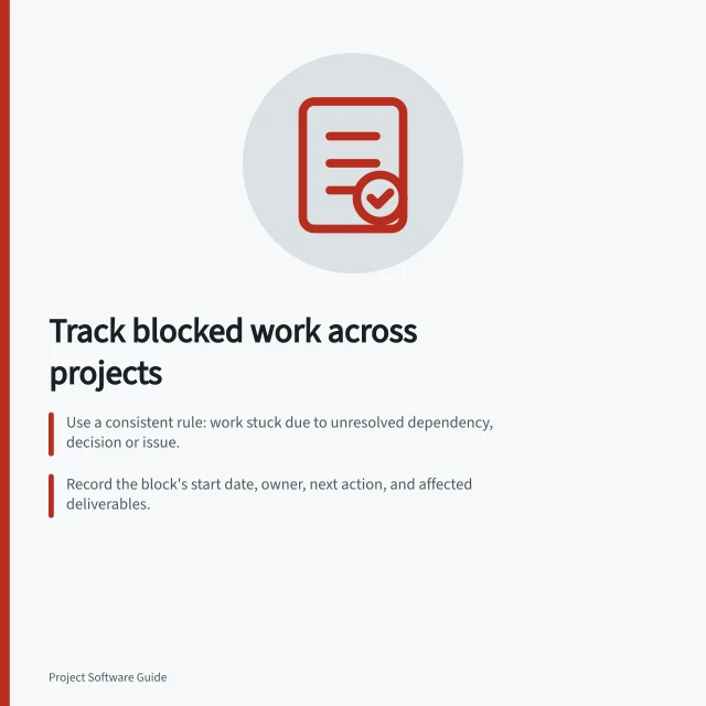 Track blocked work across projects: Use a consistent rule: work stuck due to unresolved dependency, decision or issue.; Record the block's start date, owner, next action, and affected deliverables.; Review each block at regular intervals to confirm status and update actions. Monitoring blocked work across projects