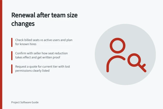 Renewal after team size changes: Check billed seats vs active users and plan for known hires; Confirm with seller how seat reduction takes effect and get written proof; Request a quote for current tier with lost permissions clearly listed. Negotiating a renewal after team size changes