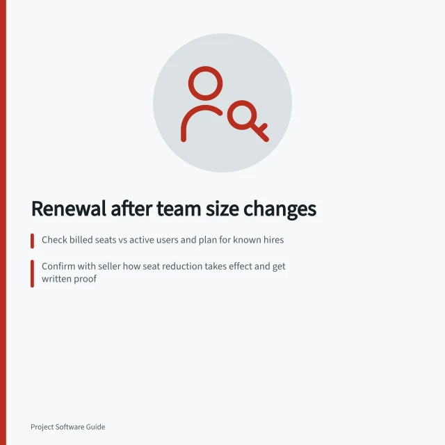 Renewal after team size changes: Check billed seats vs active users and plan for known hires; Confirm with seller how seat reduction takes effect and get written proof; Request a quote for current tier with lost permissions clearly listed. Negotiating a renewal after team size changes