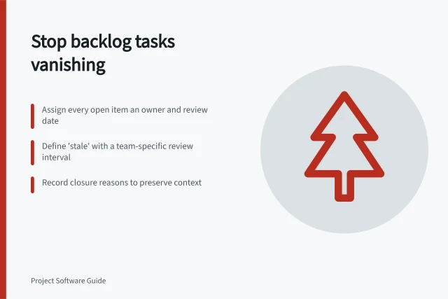 Stop backlog tasks vanishing: Assign every open item an owner and review date; Define 'stale' with a team-specific review interval; Record closure reasons to preserve context. Preventing abandoned tasks from disappearing in a backlog