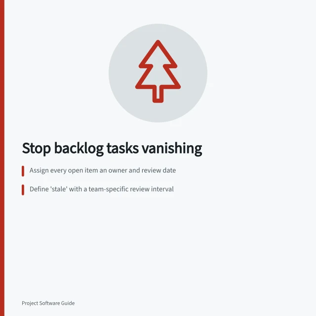 Stop backlog tasks vanishing: Assign every open item an owner and review date; Define 'stale' with a team-specific review interval; Record closure reasons to preserve context. Preventing abandoned tasks from disappearing in a backlog