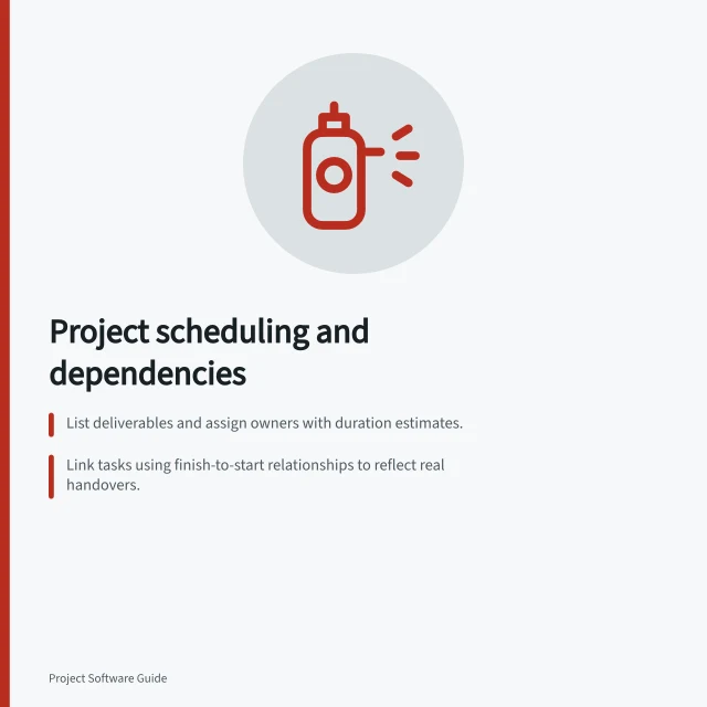 Project scheduling and dependencies: List deliverables and assign owners with duration estimates.; Link tasks using finish-to-start relationships to reflect real handovers.; Track actual progress and update forecasts when changes occur. Project scheduling and dependencies