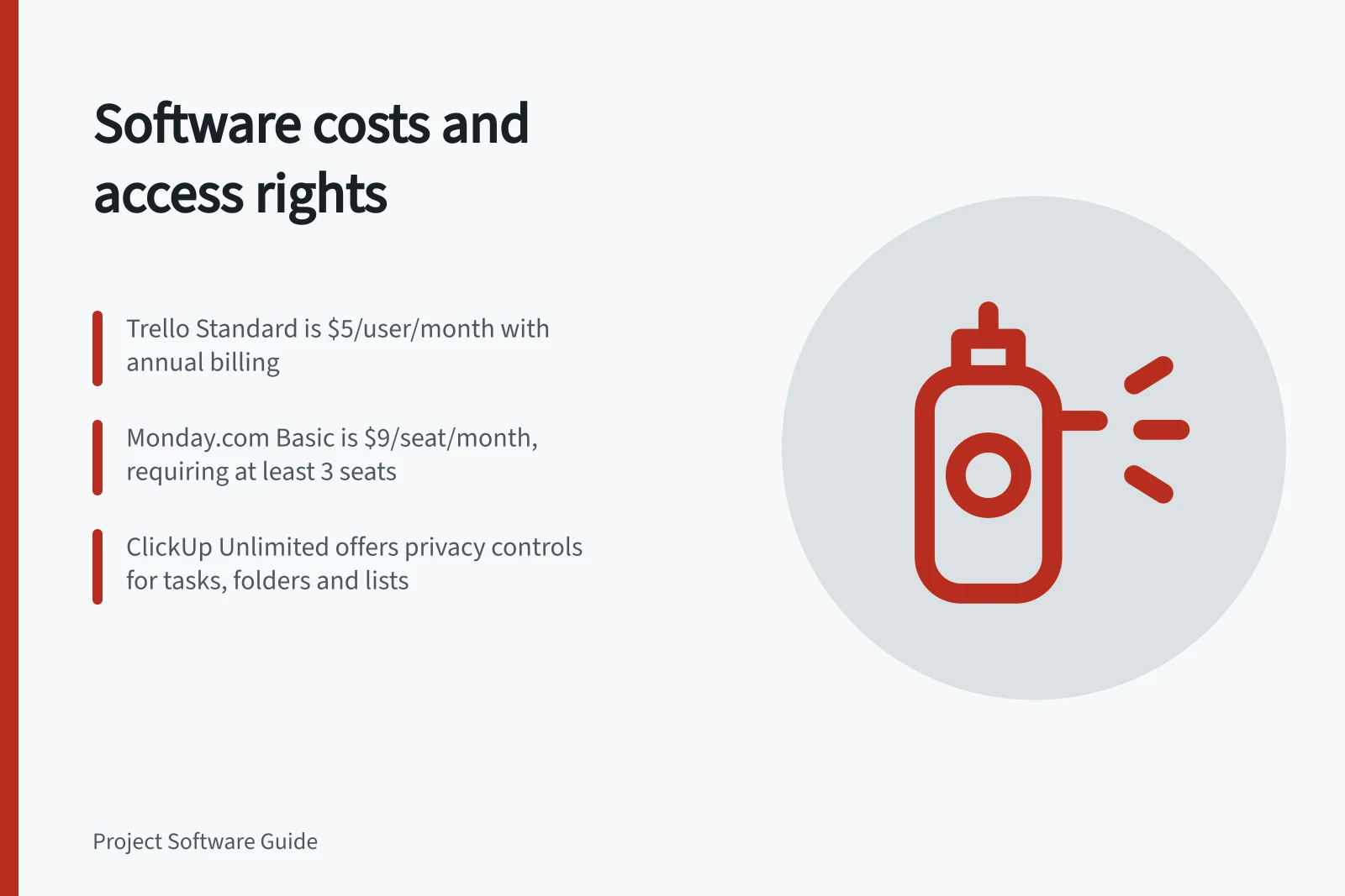 Software costs and access rights: Trello Standard is $5/user/month with annual billing; monday.com Basic is $9/seat/month, requiring at least 3 seats; ClickUp Unlimited offers privacy controls for tasks, folders and lists