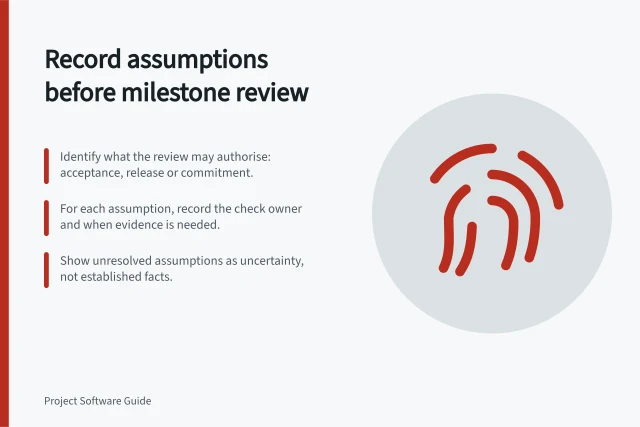 Record assumptions before milestone review: Identify what the review may authorise: acceptance, release or commitment.; For each assumption, record the check owner and when evidence is needed.; Show unresolved assumptions as uncertainty, not established facts. Recording assumptions before a milestone review