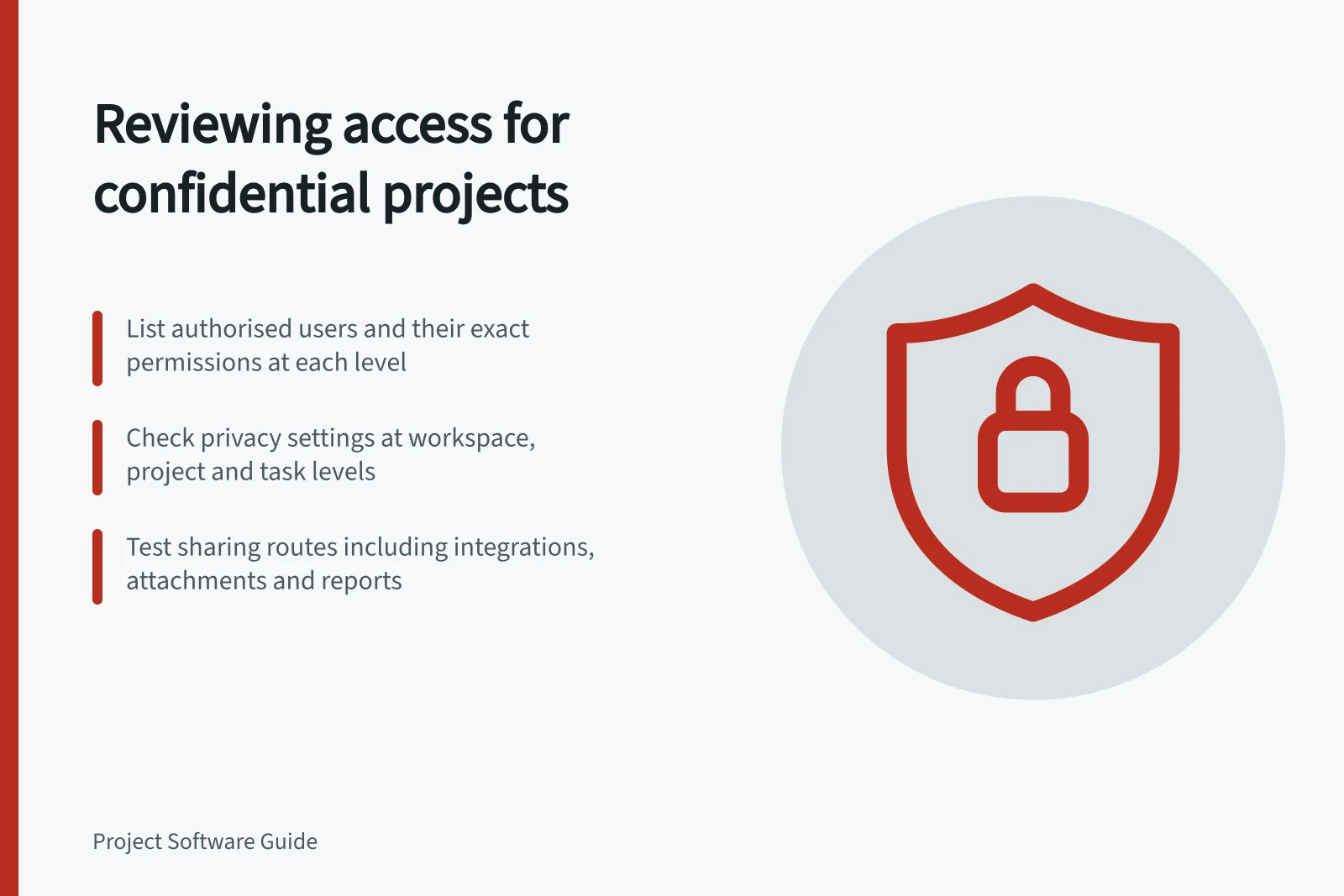 Reviewing access for confidential projects: List authorised users and their exact permissions at each level; Check privacy settings at workspace, project and task levels; Test sharing routes including integrations, attachments and reports