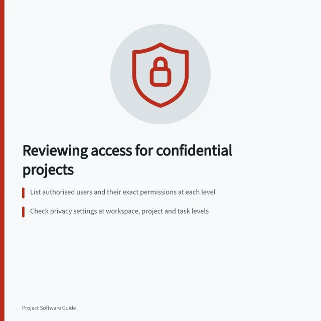 Reviewing access for confidential projects: List authorised users and their exact permissions at each level; Check privacy settings at workspace, project and task levels; Test sharing routes including integrations, attachments and reports. Reviewing permission controls for confidential projects