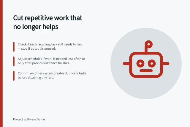 Cut repetitive work that no longer helps: Check if each recurring task still needs to run — stop if output is unused.; Adjust schedules if work is needed less often or only after previous instance finishes.; Confirm no other system creates duplicate tasks before disabling any rule. Reviewing recurring tasks that create unnecessary work