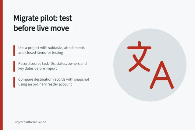 Migrate pilot: test before live move: Use a project with subtasks, attachments and closed items for testing; Record source task IDs, states, owners and key dates before import; Compare destination records with snapshot using an ordinary reader account. Running a migration pilot on a completed project