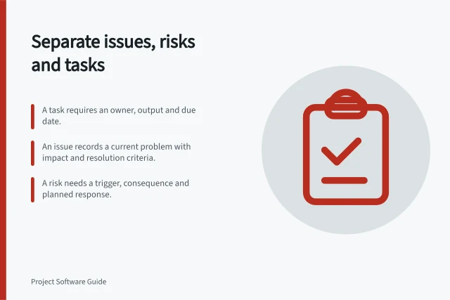 Separate issues, risks and tasks: A task requires an owner, output and due date.; An issue records a current problem with impact and resolution criteria.; A risk needs a trigger, consequence and planned response. Separating issues, risks and ordinary tasks