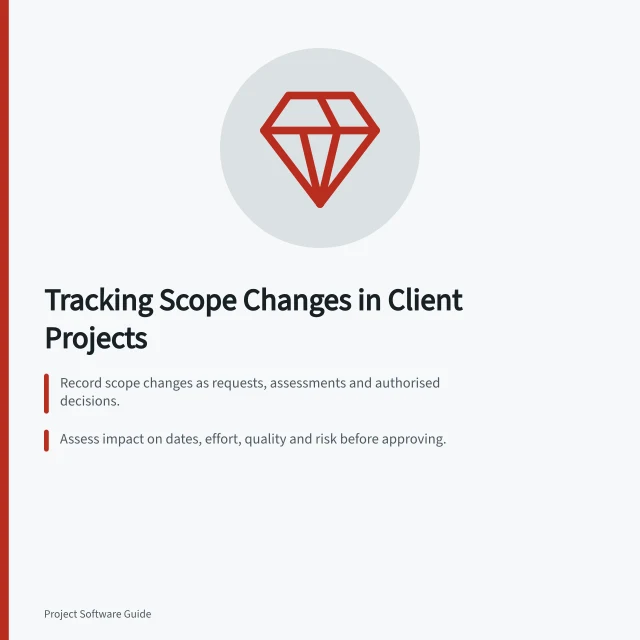 Tracking Scope Changes in Client Projects: Record scope changes as requests, assessments and authorised decisions.; Assess impact on dates, effort, quality and risk before approving.; Update plans and preserve baselines for audit and reporting. Tracking scope changes in a client project